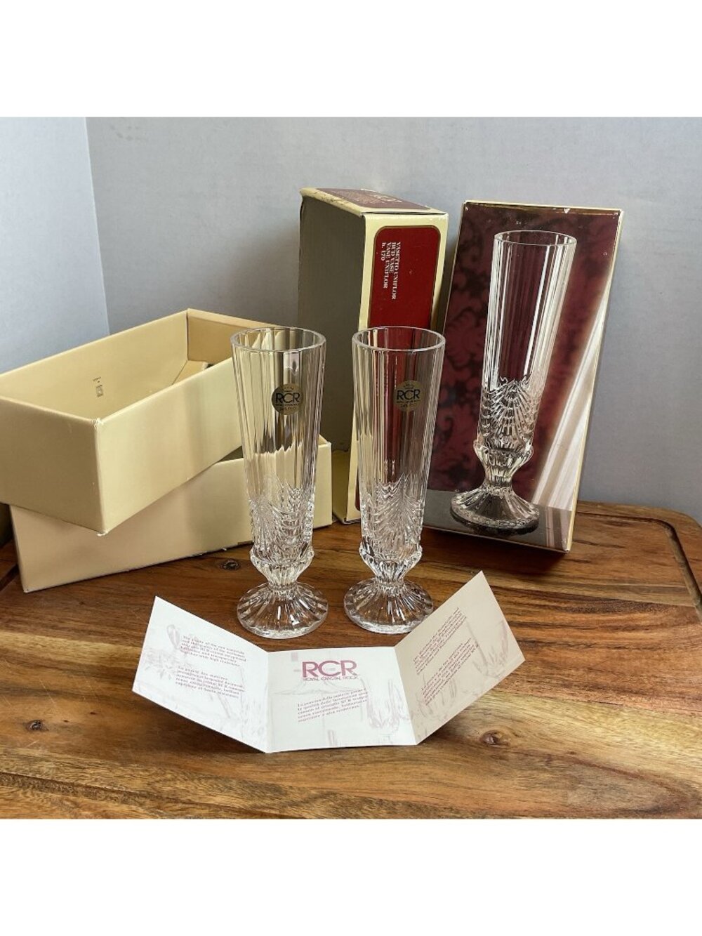 RCR Royal Crystal Rock Italian Champagne Flute Glasses Set of 2 In Box